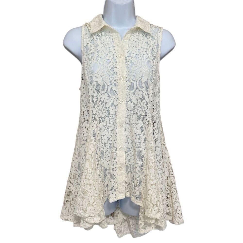 Monroe & Main White Lace Sleeveless Tunic Top Boho Romantic Collared Hi Low M